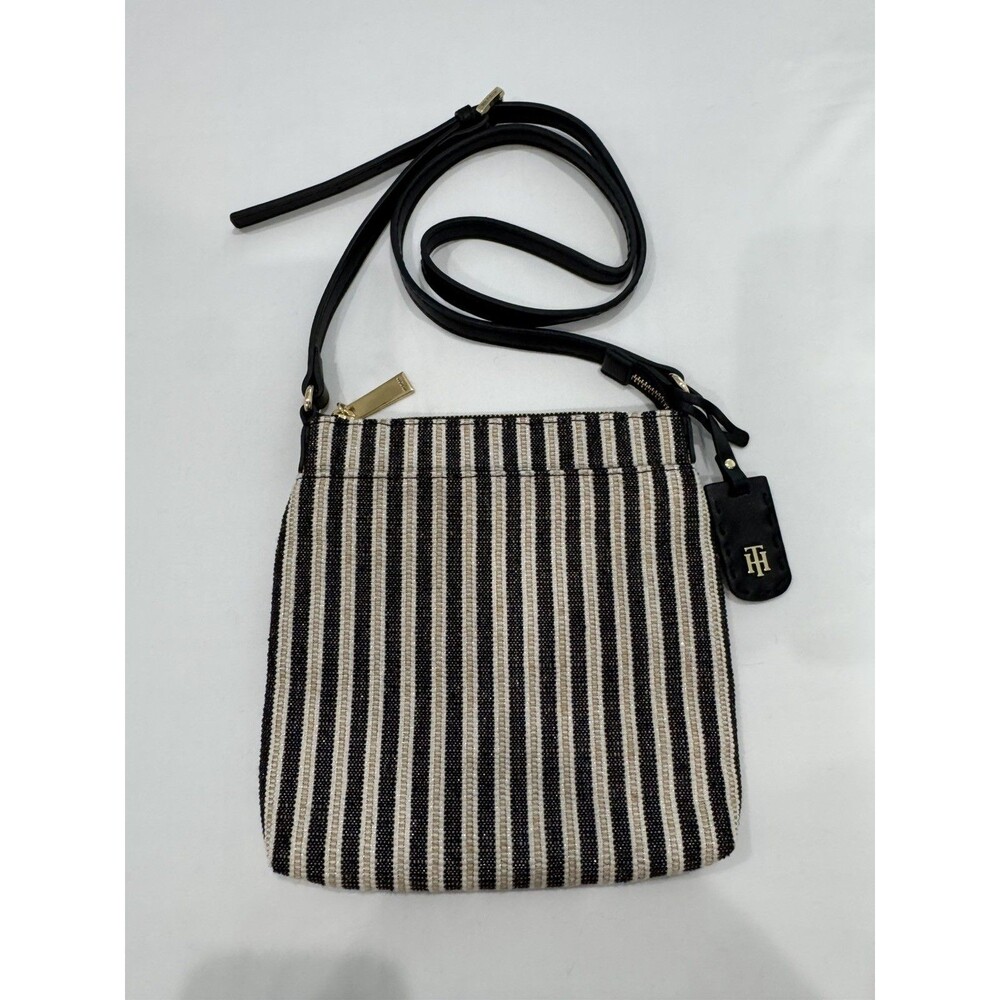 Tommy Hilfiger Womens Crossbody Black White Beige Striped bag with lurex